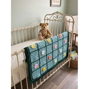 VNTG Crochet Granny Square Afghan Blanket 3D Flower Blue Green Retro Handmade